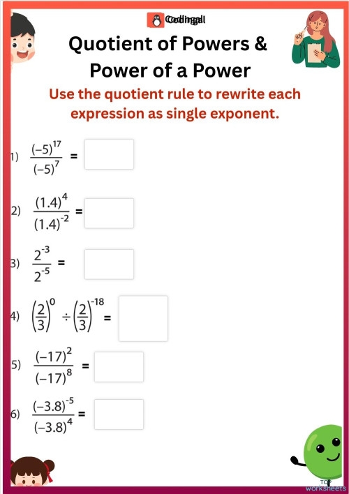 Eighth grade math worksheet focusing on simplifying expressions using the Quotient of Powers Property