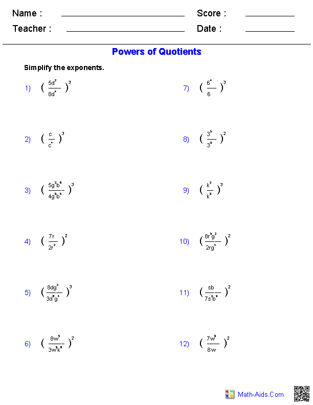 Eighth grade student solving quotient of powers division problems using exponent rules on a math worksheet