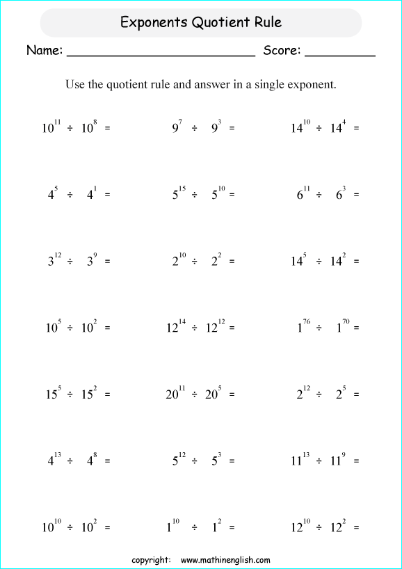 Eighth-grade student working through quotient of powers division problems on a math practice sheet