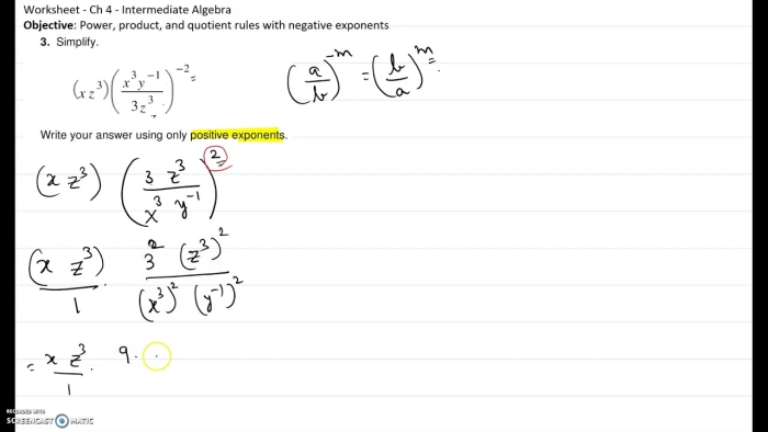 Eighth grade math worksheet focusing on simplifying expressions using the Quotient of Powers property