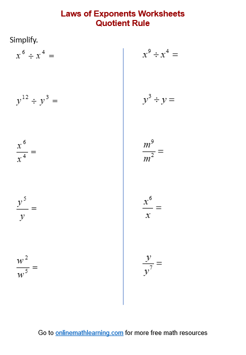 Eighth grade student working through quotient of powers division problems on a math worksheet