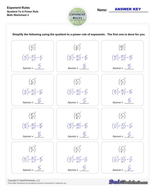 Eighth grade math worksheet focusing on simplifying expressions using the Quotient of Powers Property