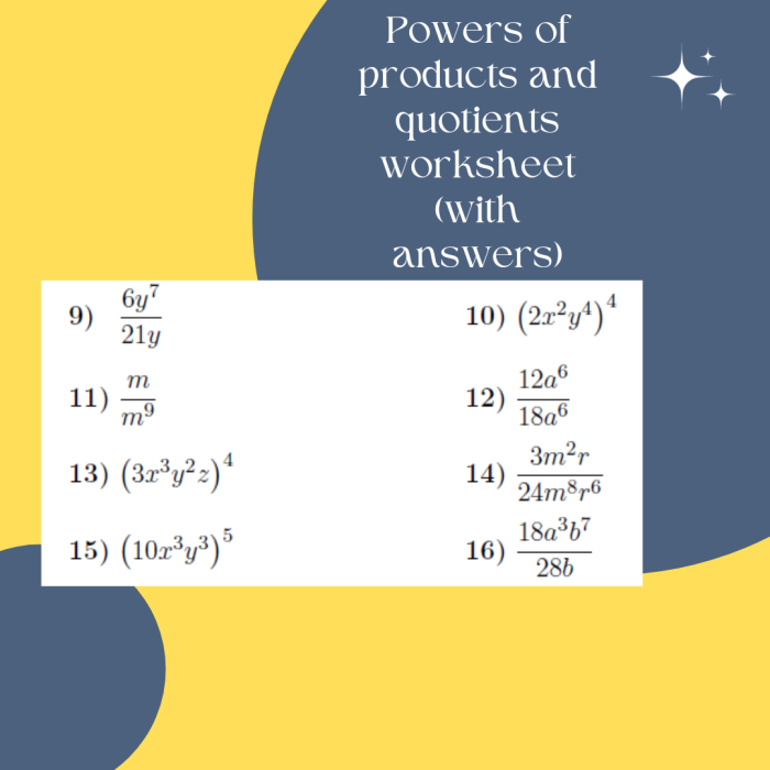 Eighth-grade student solving division expressions using the Quotient of Powers Property on a math worksheet
