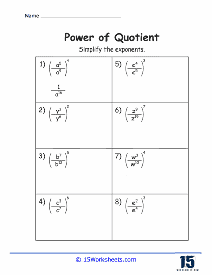 Eighth grade math worksheet focusing on simplifying division expressions using the Quotient of Powers Property for life science students
