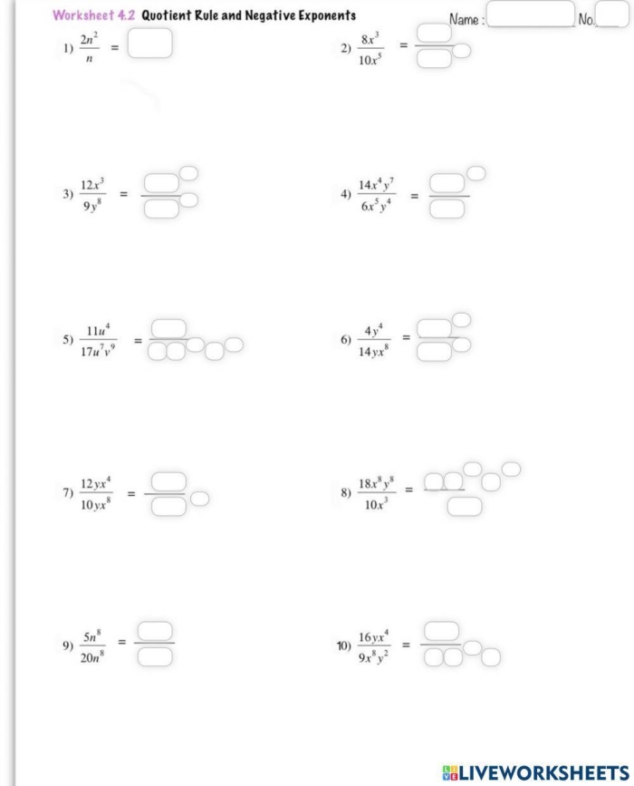 Eighth grade math worksheet showing quotient of powers division problems for simplifying expressions