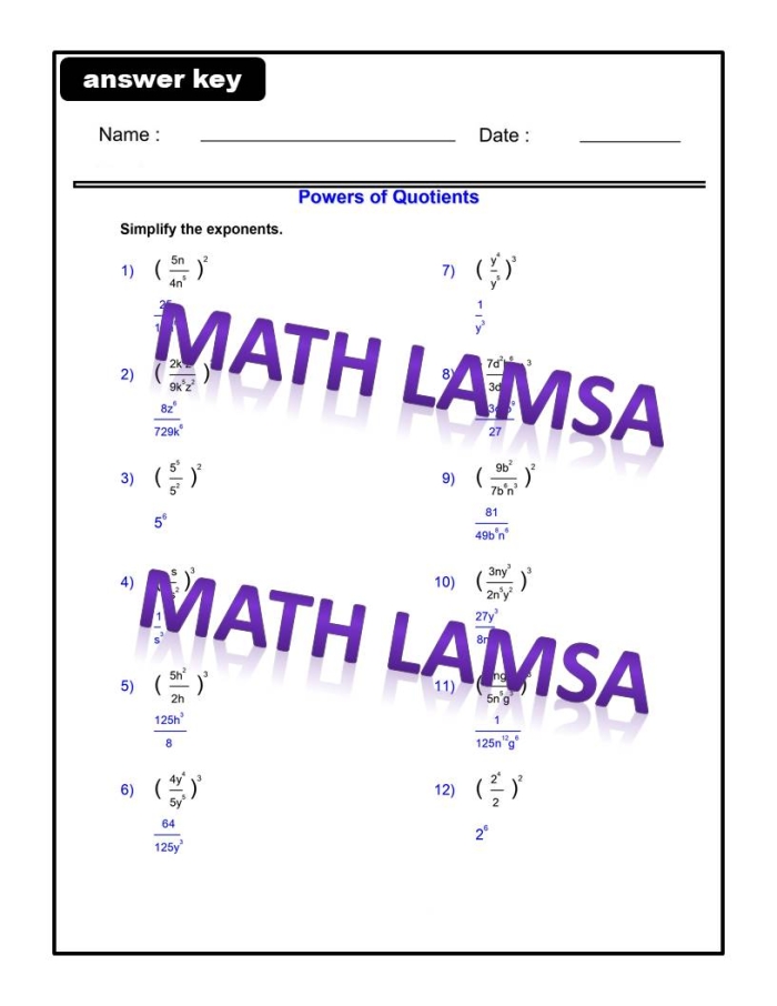 Eighth grade math worksheet focusing on simplifying division expressions using the Quotient of Powers Property