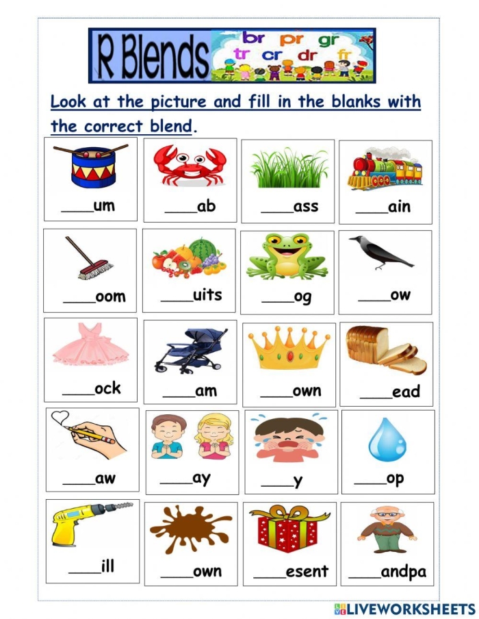 R Blends Beginning Sounds Worksheet 23 for Early Learners Kindergarten student worksheet showing pictures with R blend words for consonant blend practice activities