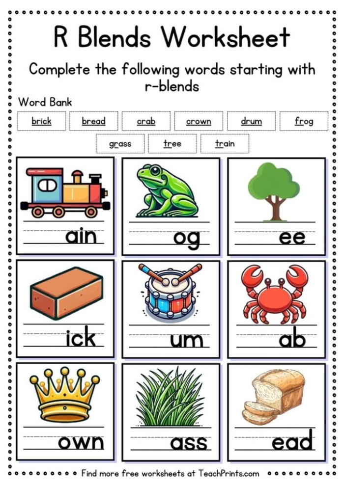 R Blends Identification Activity for Early Readers Grade K Image 21 Kindergarten student practicing R blend consonant sounds by identifying beginning blends in picture words worksheet 21