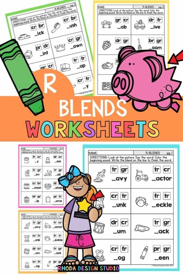 R Blends Beginning Sounds Activity for Early Learners Kindergarten student worksheet showing pictures of objects with R blend words for consonant blend identification practice
