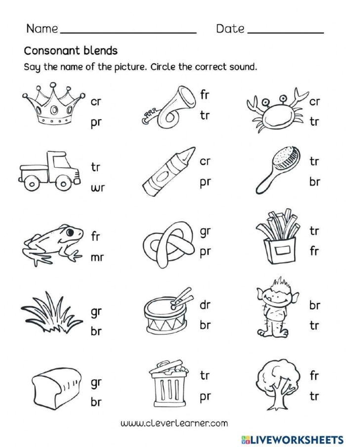 R Blends Practice Activity 18 for Early Readers Kindergarten student worksheet showing pictures with R blend words for identifying beginning consonant sounds
