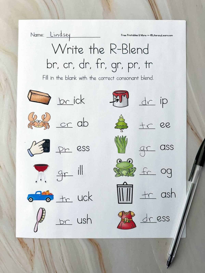 R blends worksheet for kindergarteners practice 7 Kindergarten student completing an R blends worksheet by identifying beginning consonant sounds