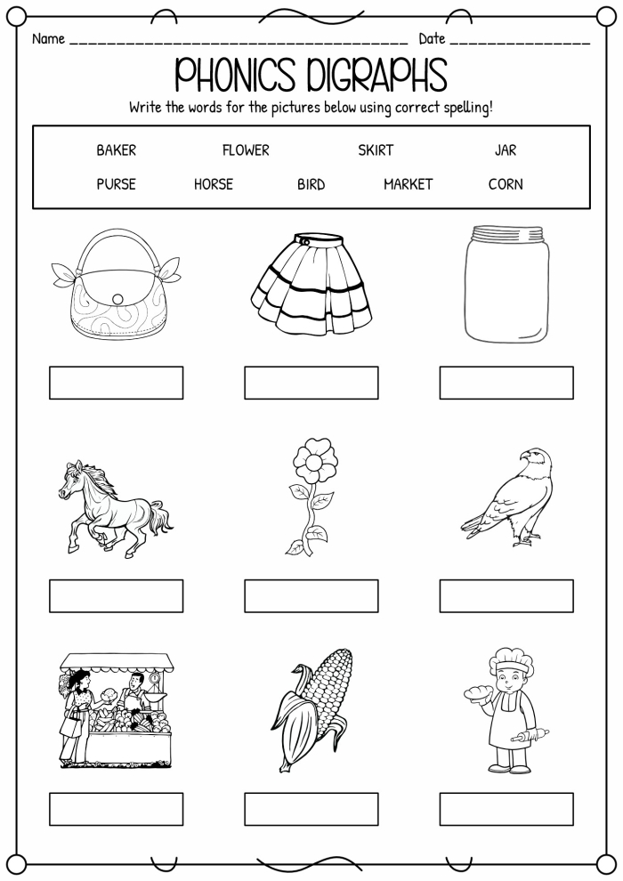 First grade phonics worksheet showing 12 sentences with er, ir, and ur r-controlled vowel words highlighted for reading practice