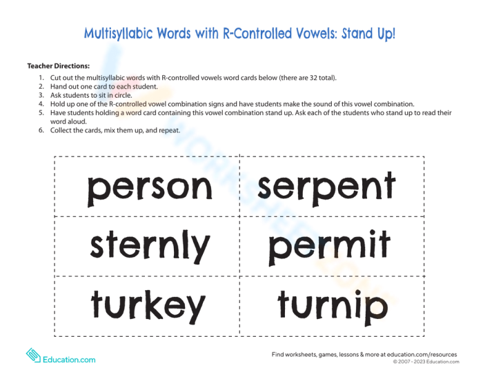 Fourth grade students playing a board game to practice reading multisyllabic R-controlled vowel words on worksheet seven