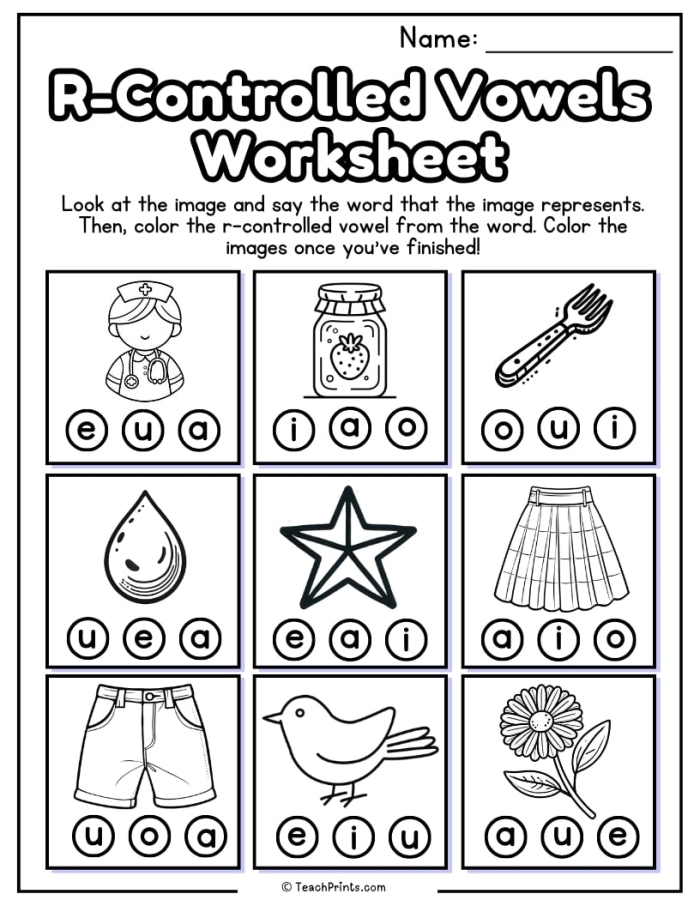 Engaging worksheet to help young learners master R-controlled vowel sounds R-Controlled Vowels worksheet designed for first graders to enhance phonics skills