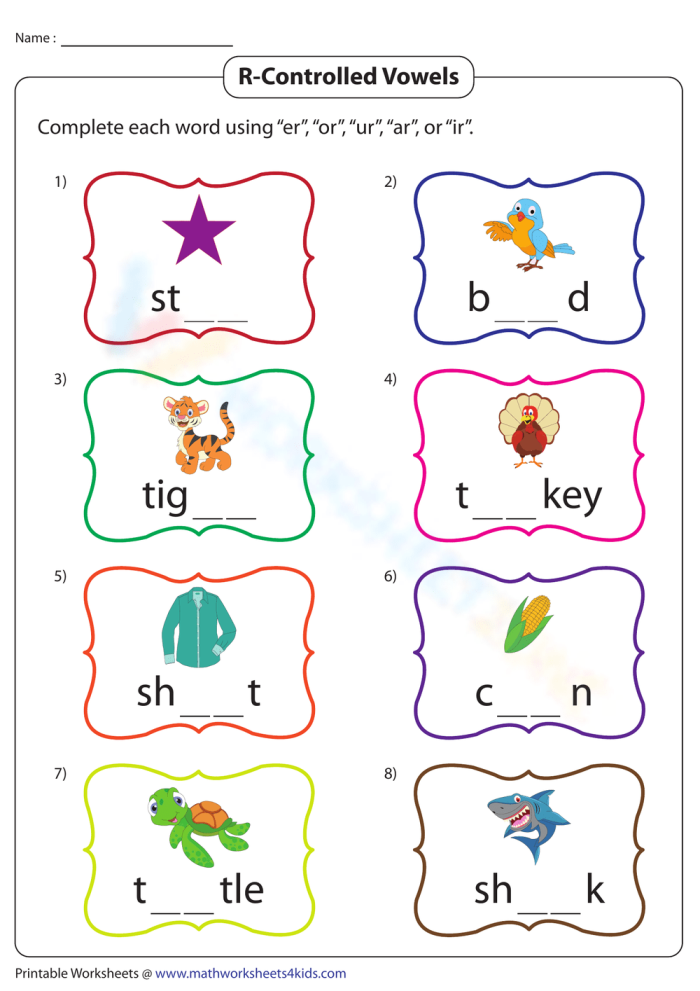 Engaging worksheet focusing on R-controlled vowels for early readers R-Controlled Vowels worksheet for first graders to enhance phonics skills