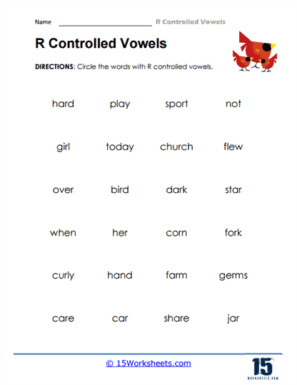 Engaging phonics activity focusing on R-controlled vowels for young learners R-Controlled Vowels worksheet designed for first graders to enhance phonics skills