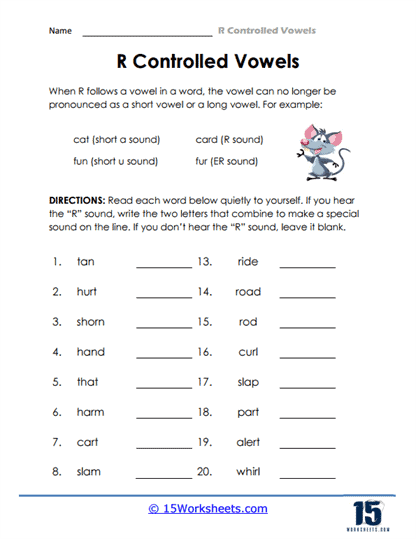 Engaging R-Controlled Vowels activities for young learners in grade one R-Controlled Vowels worksheet designed for first graders to enhance their phonics understanding