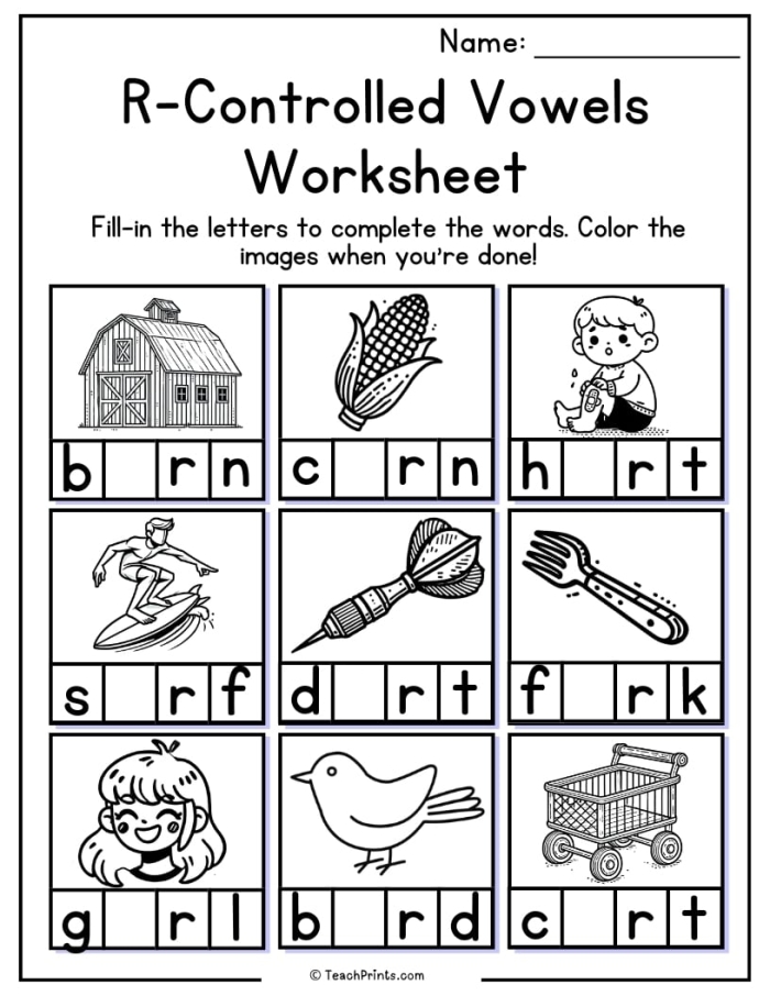 Worksheet featuring multisyllabic words with R-controlled vowels for second graders