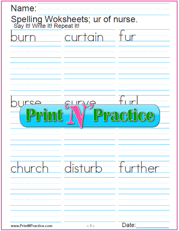 First grade phonics worksheet for practicing r-controlled er ir and ur words in sentences