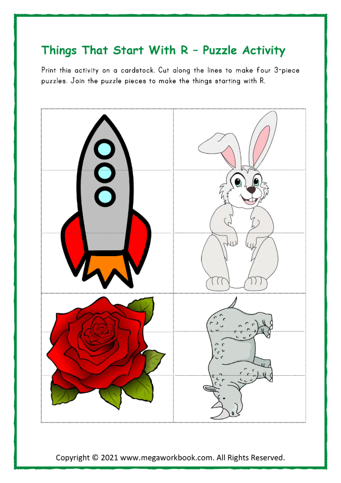 Pre-K worksheet featuring fun illustrations of objects that begin with the letter R