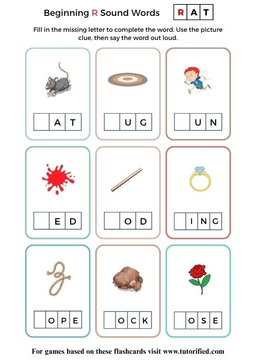 Pre-K phonics worksheet featuring colorful illustrations of objects that begin with the letter R