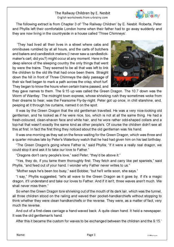 Eighth grade reading comprehension worksheet featuring an excerpt from the classic novel The Railway Children