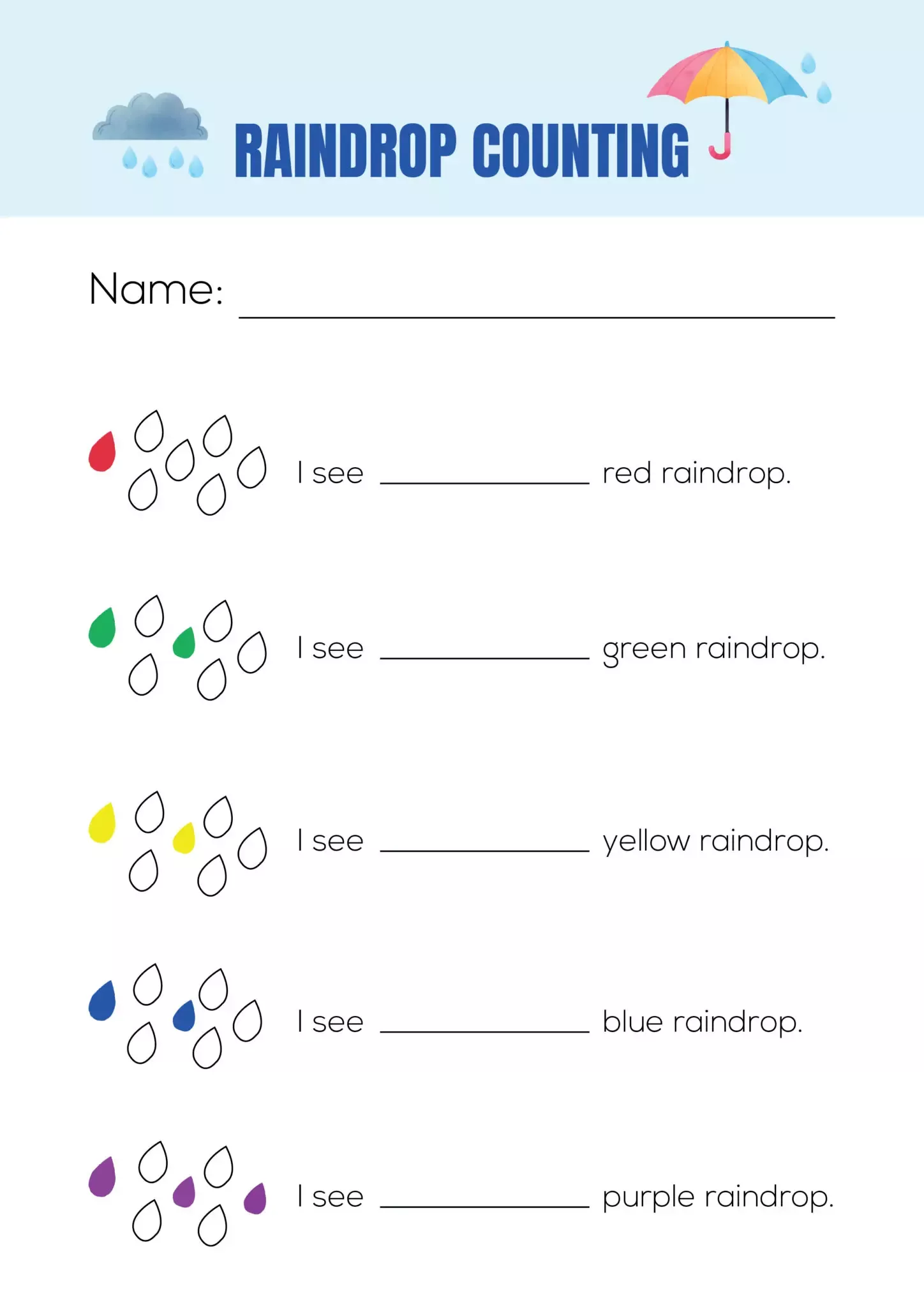 Fun and engaging Rain Count worksheet for young learners to explore numbers and weather Rain Count worksheet designed for Pre-K children to practice counting on rainy days