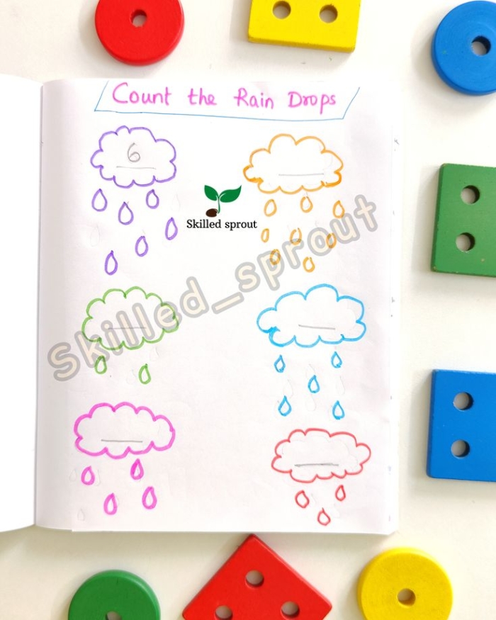 Engaging rain count activity for kids to explore and learn about numbers in a fun way Colorful rain count worksheet designed for Pre-K children to practice counting on rainy days