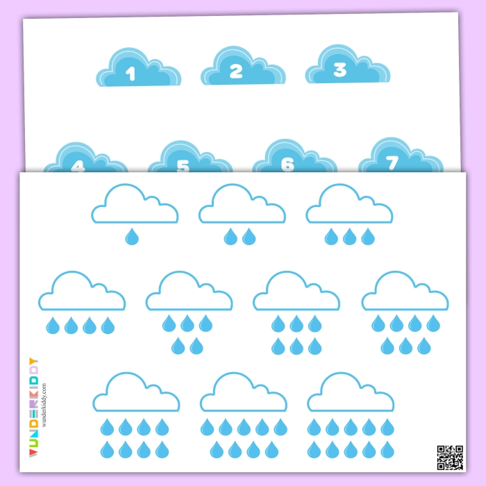 Engaging worksheet featuring rainclouds and counting activities for young learners Rain Count worksheet designed for Pre-K kids to practice counting on rainy days