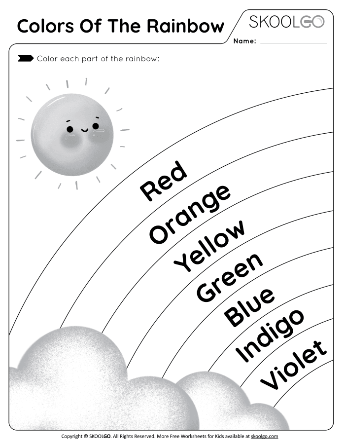 Rainbow worksheet for counting colors with labeled sections for coloring. How Many Colors in a Rainbow? educational activity for Pre-K students.