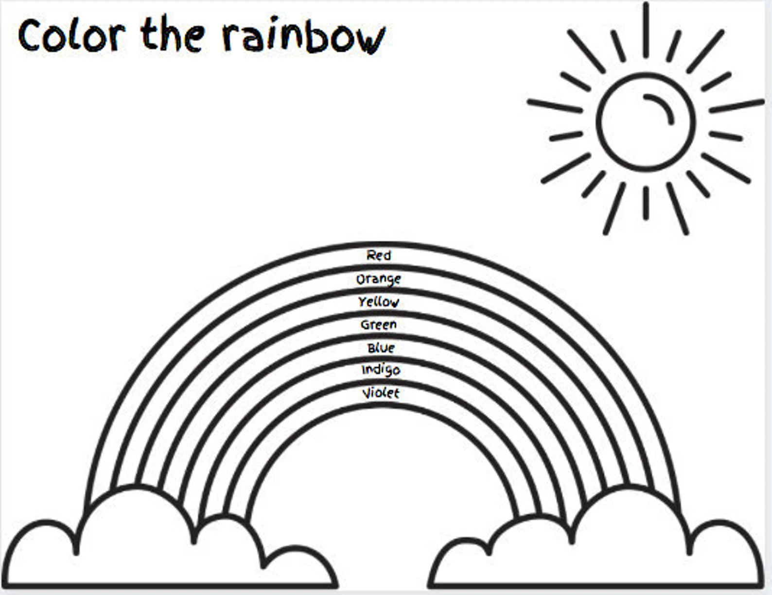 Printable Rainbow Coloring Page Worksheet 19 Pre-K rainbow coloring page worksheet for science and color identification practice