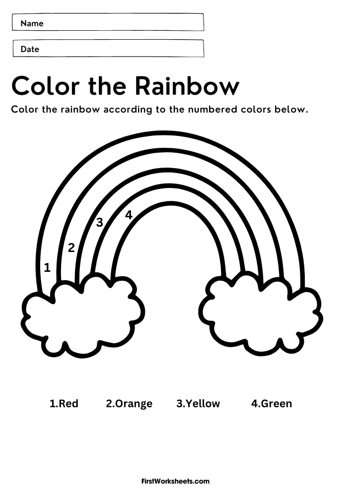 Worksheet illustrating the colors of a rainbow labeled for counting and coloring activities for Pre-K students