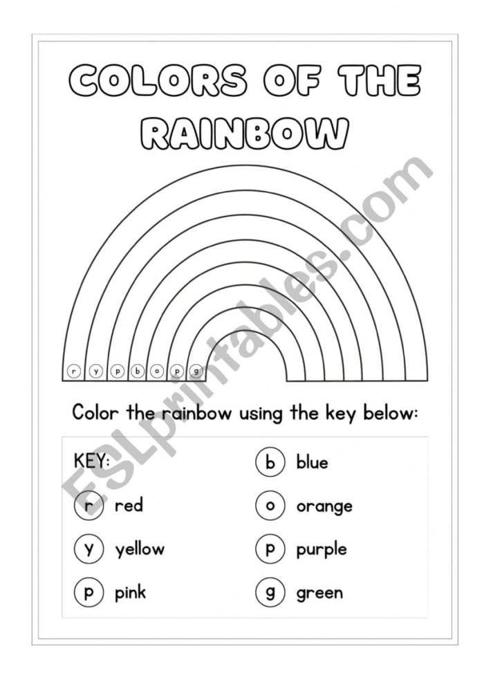 Worksheet for counting colors in a rainbow, designed for Pre-K students. How Many Colors in a Rainbow? worksheet image for numbers and counting activities.