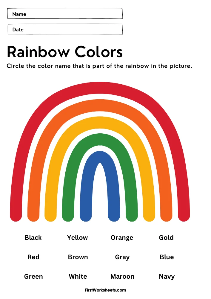 Worksheet showing a rainbow with labeled colors for counting and coloring activities