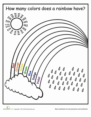 Pre-K student worksheet showing a rainbow with labeled color sections to count and color for lesson six
