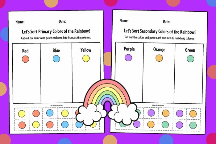 Worksheet illustrating the colors in a rainbow for counting practice in Pre-K. How Many Colors in a Rainbow? activity for young learners.