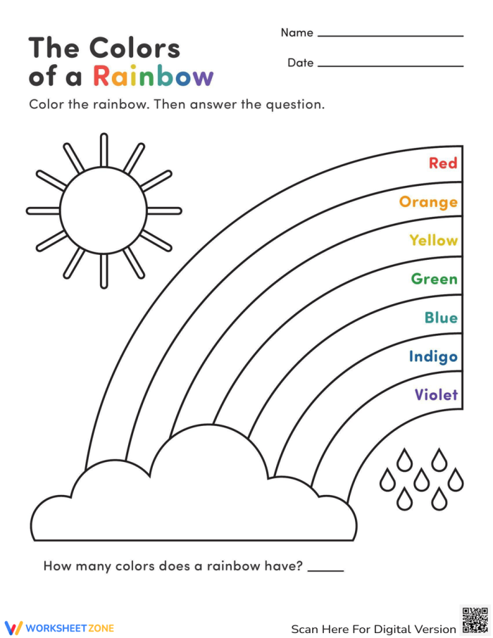 Pre-K worksheet showing a rainbow with labeled color sections to count and fill in