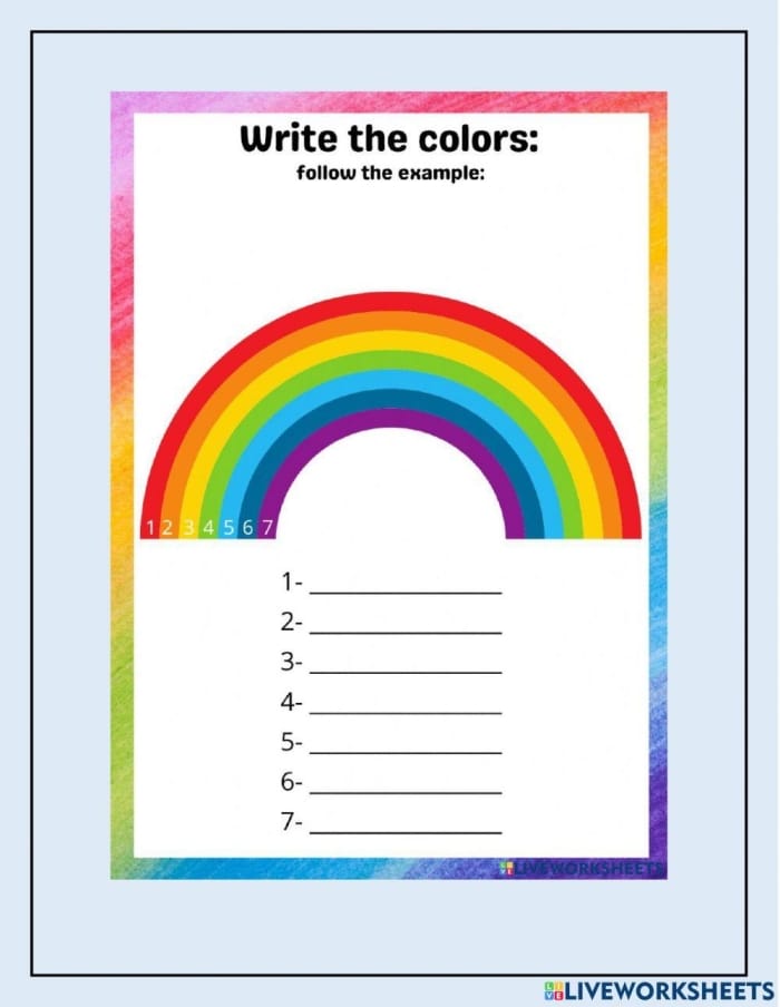 Pre-K worksheet where children count and color the segments of a rainbow according to color labels