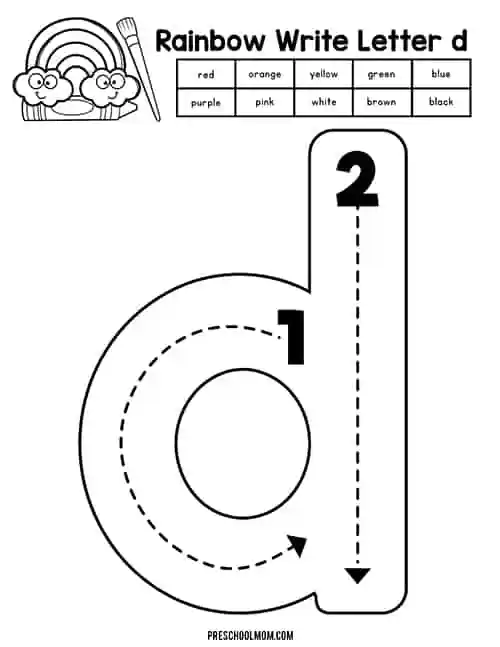 Colorful worksheet featuring lowercase letters transformed into rainbows for writing practice