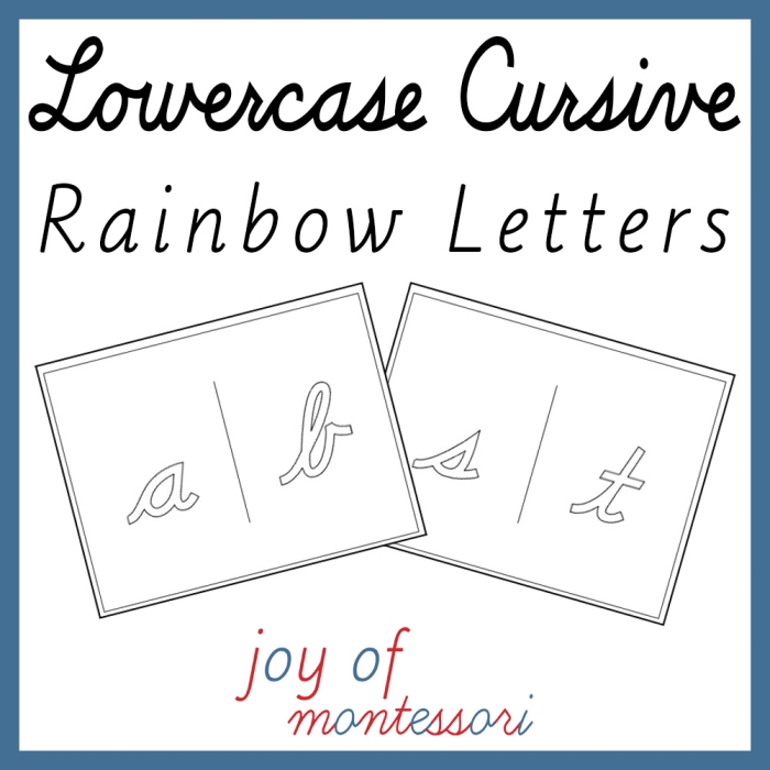 Pre-K worksheet showing a colorful Rainbow Letters practice page for writing lowercase letters