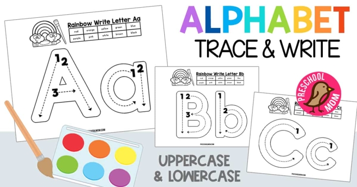 Colorful worksheet for practicing lowercase letters with a rainbow theme