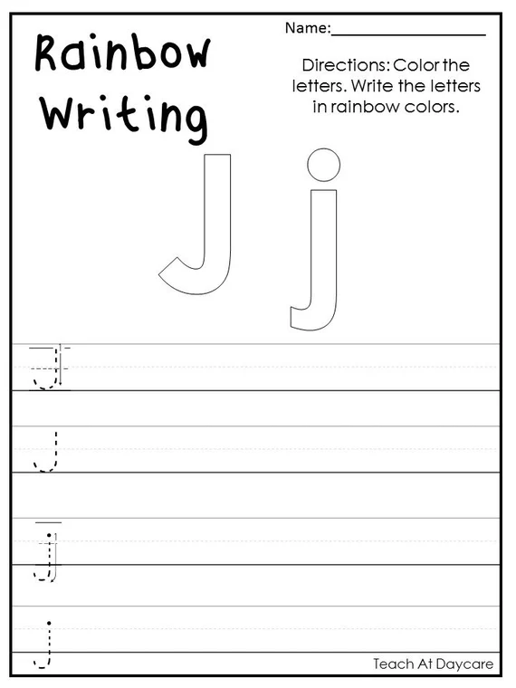Pre-K student practicing lowercase alphabet writing with a colorful rainbow penmanship worksheet