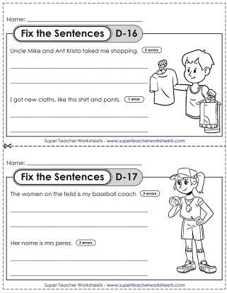 Second grade student fixing capitalization and punctuation errors on a rainy day themed worksheet