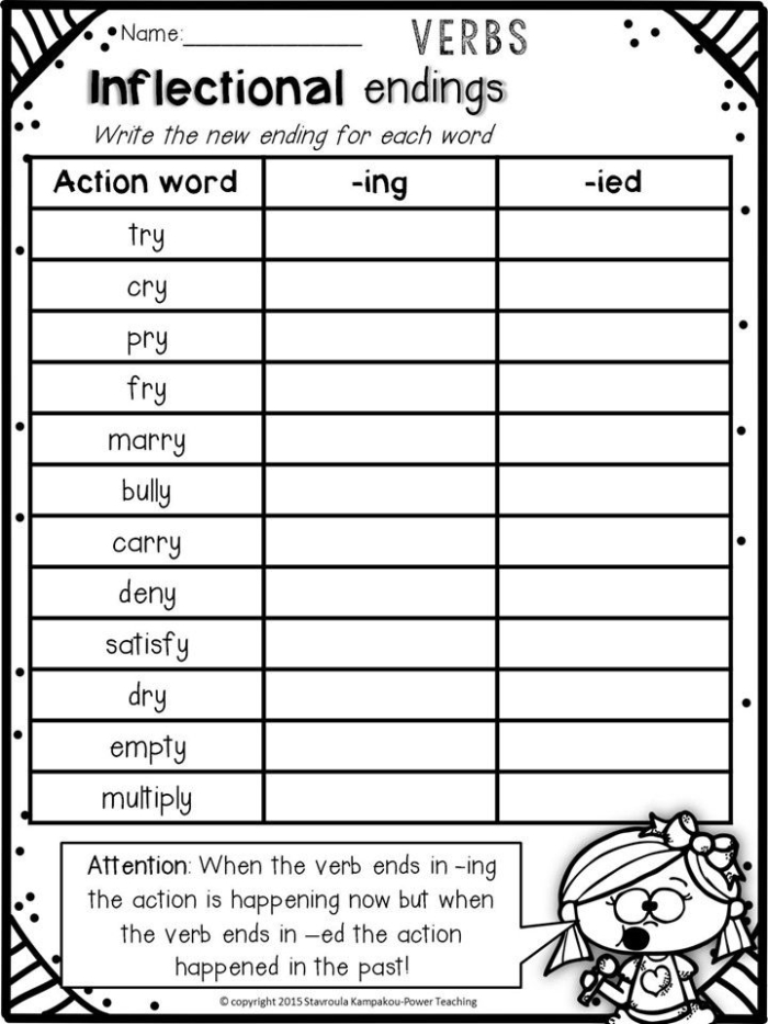 First grade student worksheet featuring a rainy day theme to practice inflectional endings like ing s and ed