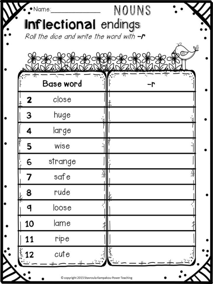 First grade rainy day worksheet focusing on practicing –ing, –s, and –ed inflectional endings
