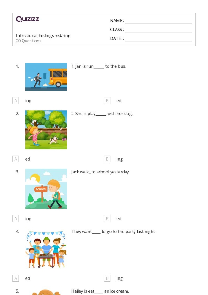 First Grade phonics worksheet featuring a rainy day theme for practicing inflectional endings