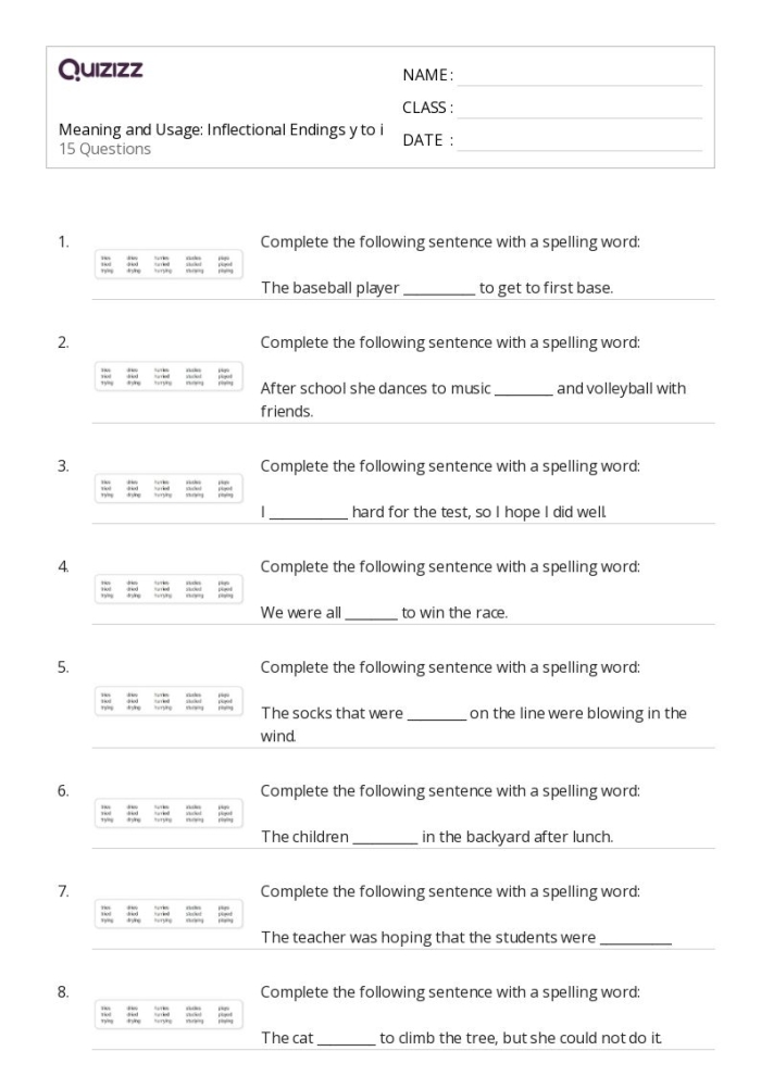 First grade phonics worksheet featuring a rainy day theme for practicing inflectional endings