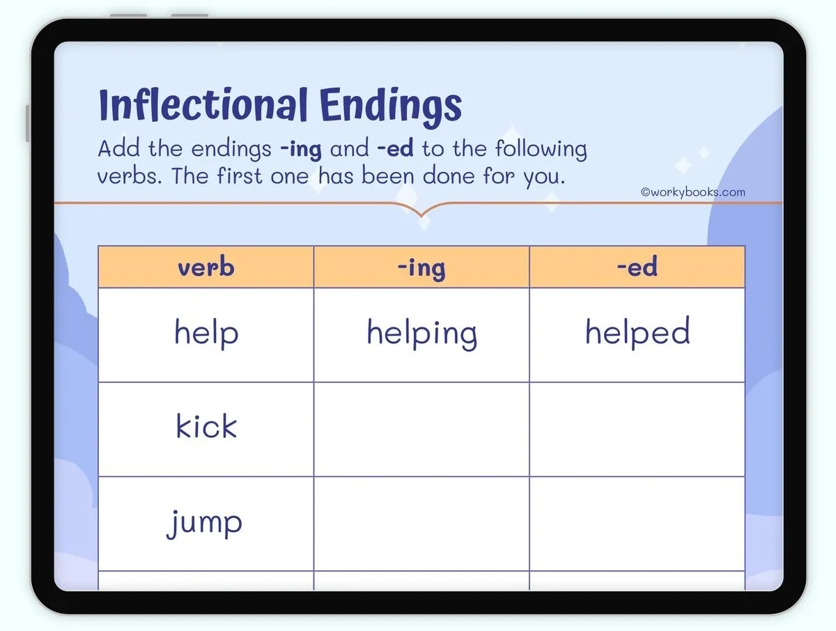 Colorful rainy day worksheet for first graders focusing on inflectional endings like –ing, –s, and –ed. Engaging phonics activity to enhance language skills with a fun theme.