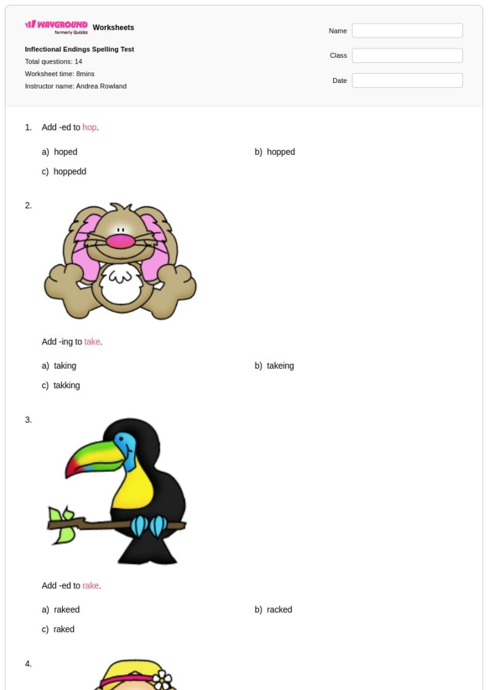 First grade students practicing inflectional endings by adding ing, s, and ed to words on a rainy day themed worksheet