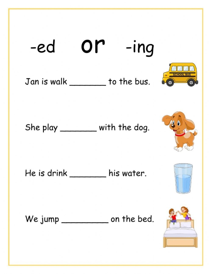 Colorful worksheet featuring a rainy day theme for teaching inflectional endings to first graders
